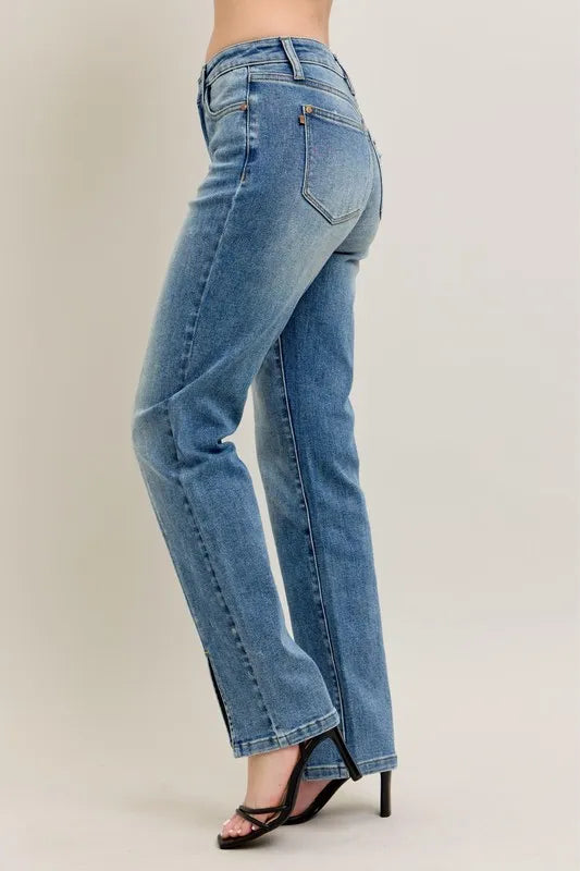 Judy Blue High Waist Vintage Wash Front Seam & Slit Straight Leg Jeans