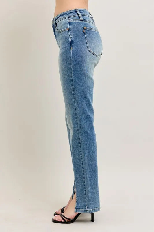 Judy Blue High Waist Vintage Wash Front Seam & Slit Straight Leg Jeans
