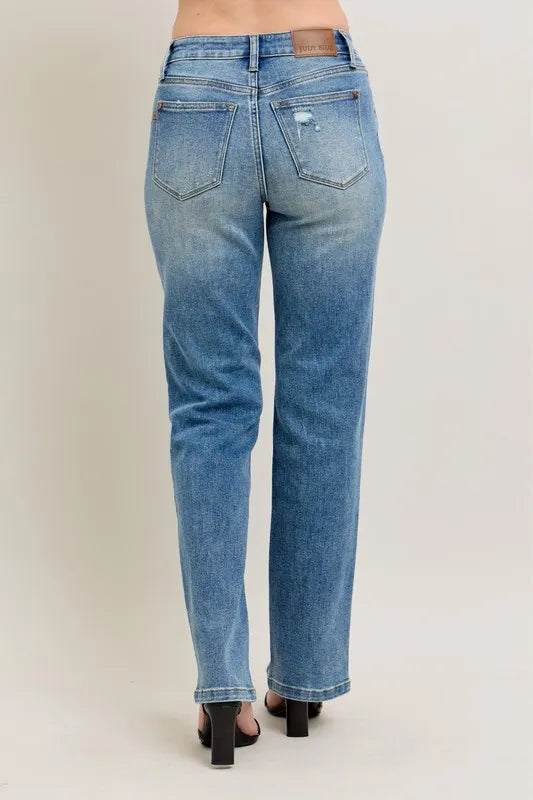 Judy Blue High Waist Vintage Wash Front Seam & Slit Straight Leg Jeans