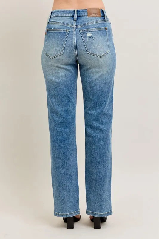 Judy Blue High Waist Vintage Wash Front Seam & Slit Straight Leg Jeans