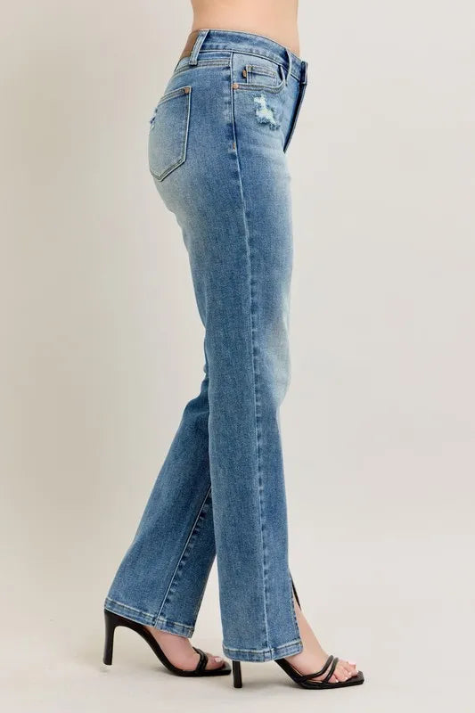 Judy Blue High Waist Vintage Wash Front Seam & Slit Straight Leg Jeans