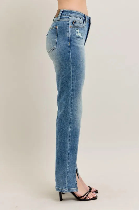 Judy Blue High Waist Vintage Wash Front Seam & Slit Straight Leg Jeans