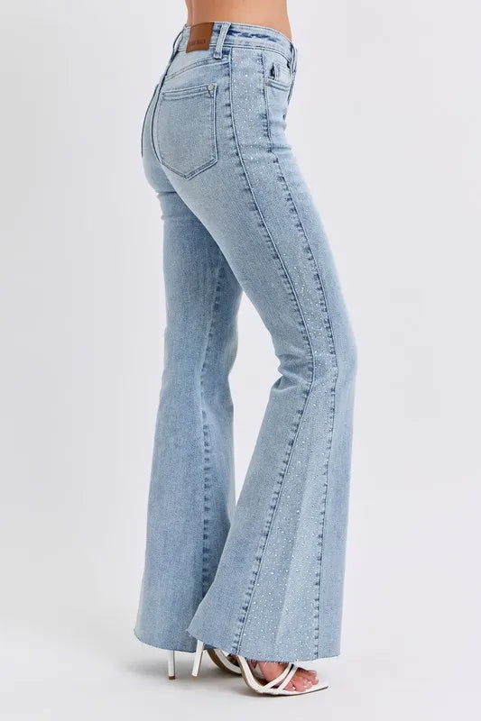 Judy Blue Mid Rise Rhinestone Side Panel Detail Flare Jeans