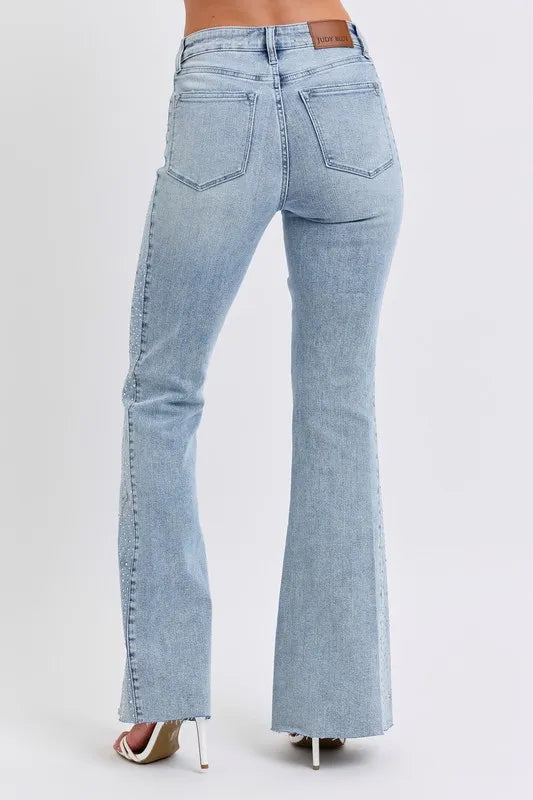Judy Blue Mid Rise Rhinestone Side Panel Detail Flare Jeans