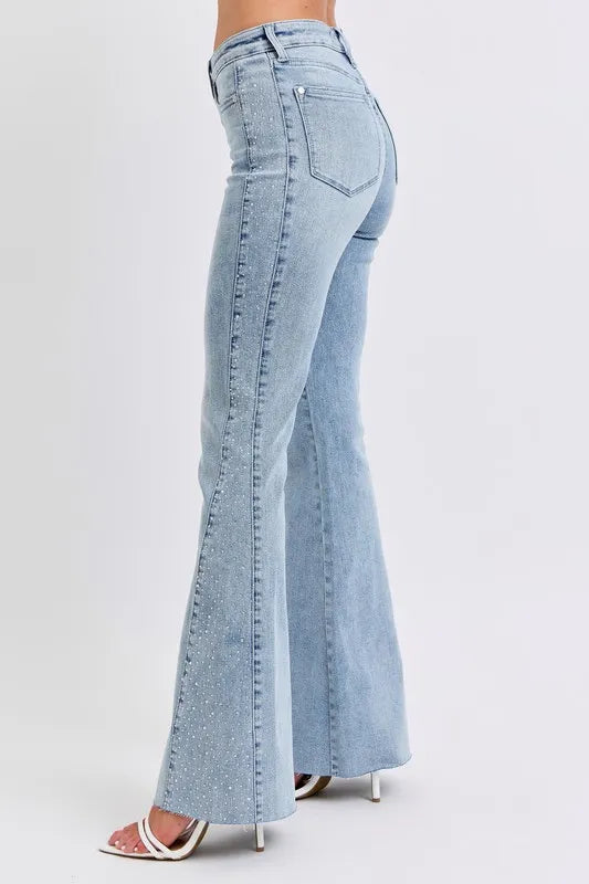 Judy Blue Mid Rise Rhinestone Side Panel Detail Flare Jeans