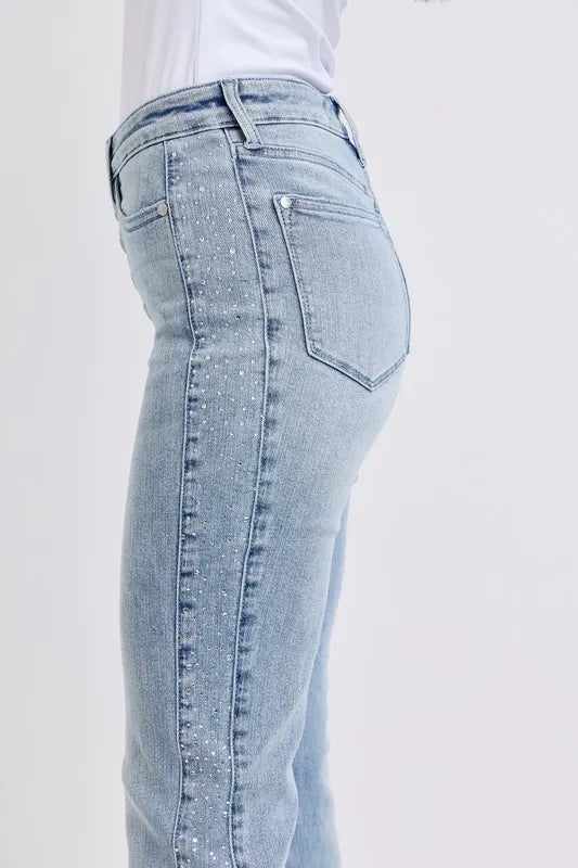 Judy Blue Mid Rise Rhinestone Side Panel Detail Flare Jeans