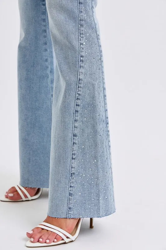 Judy Blue Mid Rise Rhinestone Side Panel Detail Flare Jeans