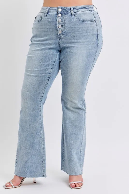 Judy Blue Mid Rise Rhinestone Side Panel Detail Flare Jeans