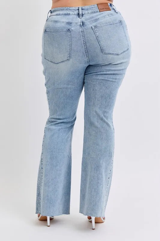 Judy Blue Mid Rise Rhinestone Side Panel Detail Flare Jeans