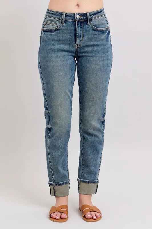 Judy Blue Mid Rise Vintage Wash Double Roll Cuff Boyfriend Jeans