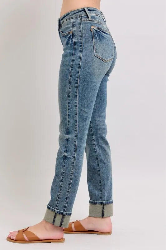 Judy Blue Mid Rise Vintage Wash Double Roll Cuff Boyfriend Jeans