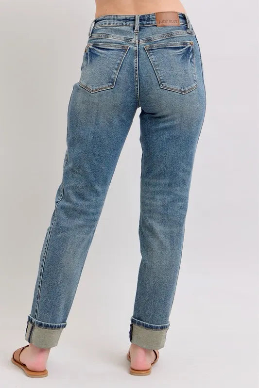 Judy Blue Mid Rise Vintage Wash Double Roll Cuff Boyfriend Jeans