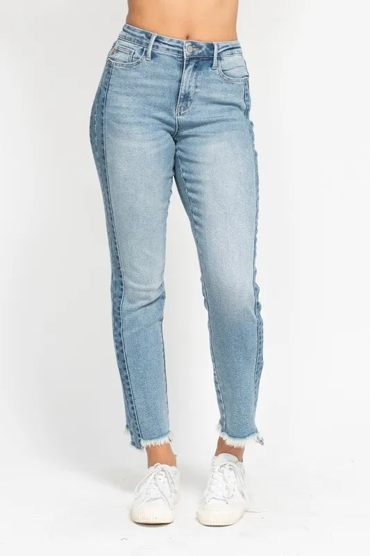 Judy Blue Vintage Wash Side Panel Detail with Fray Hem Slim Fit Jeans