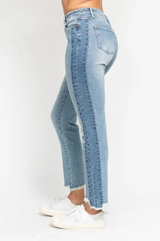 Judy Blue Vintage Wash Side Panel Detail with Fray Hem Slim Fit Jeans