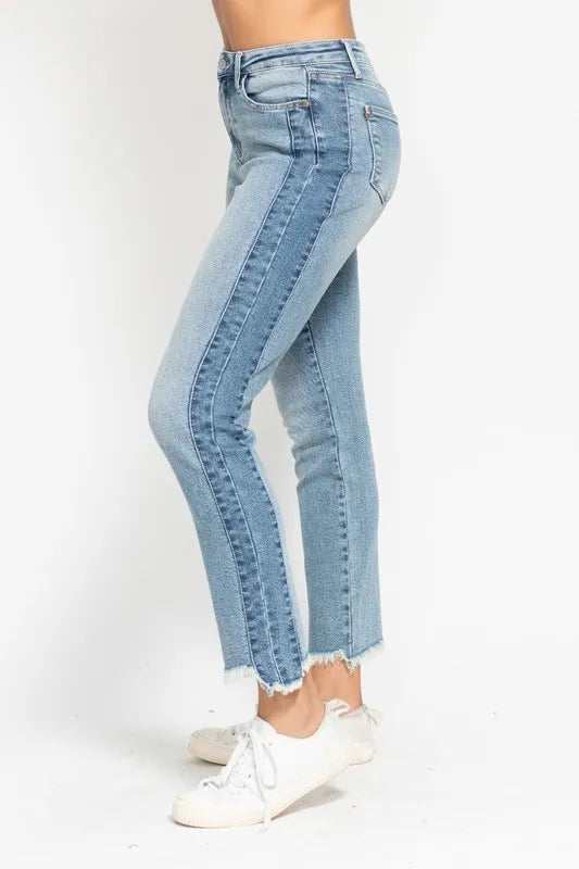 Judy Blue Vintage Wash Side Panel Detail with Fray Hem Slim Fit Jeans
