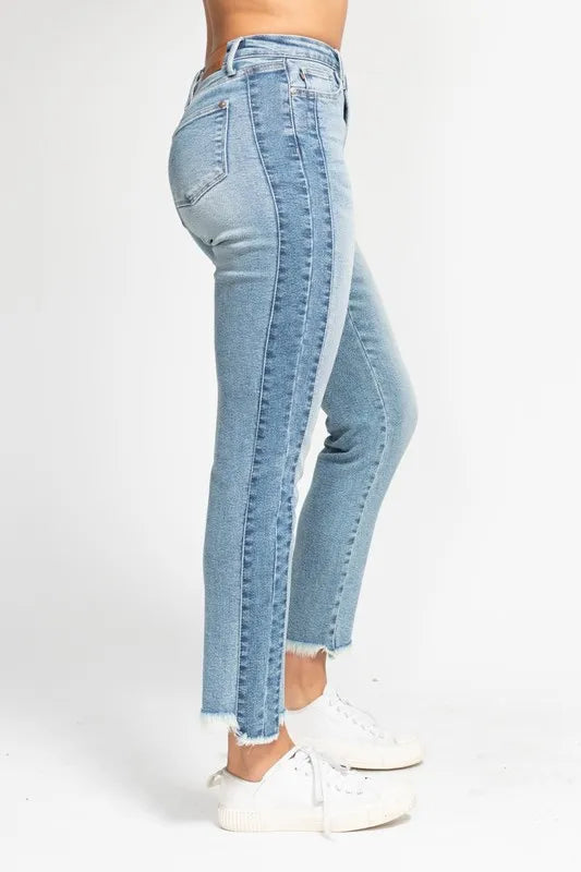 Judy Blue Vintage Wash Side Panel Detail with Fray Hem Slim Fit Jeans