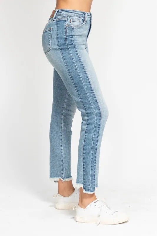 Judy Blue Vintage Wash Side Panel Detail with Fray Hem Slim Fit Jeans