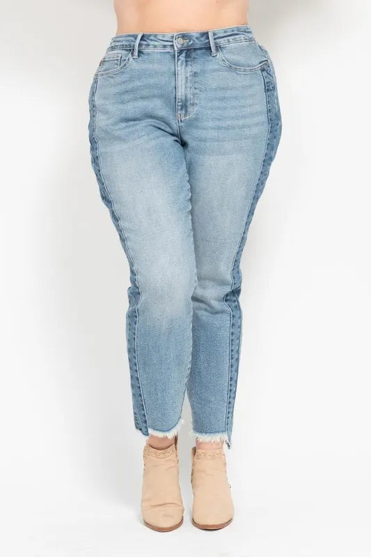 Judy Blue Vintage Wash Side Panel Detail with Fray Hem Slim Fit Jeans