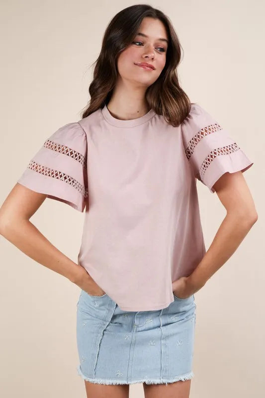 Lace Trim Sleeve Top in Blush