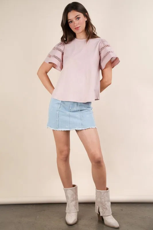 Lace Trim Sleeve Top in Blush