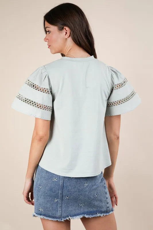 Lace Trim Sleeve Top in Sage