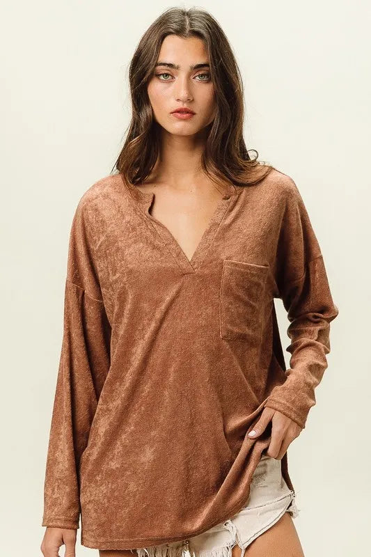 Loop Terry Solid V Neck Pocket Top