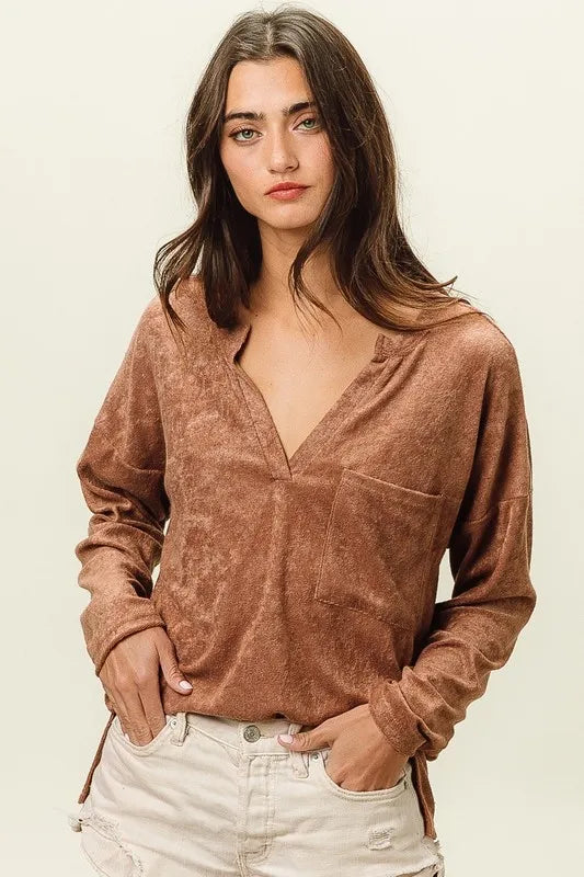 Loop Terry Solid V Neck Pocket Top