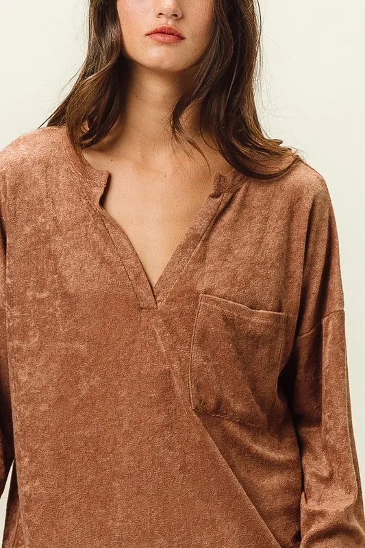 Loop Terry Solid V Neck Pocket Top