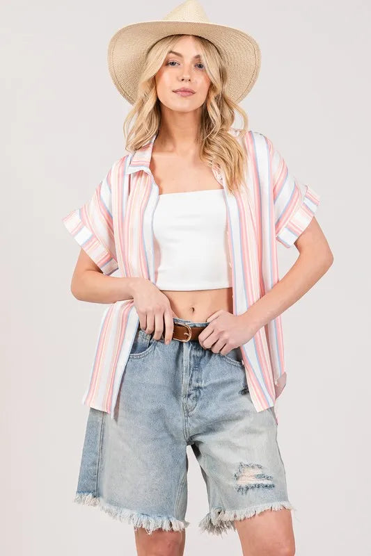 Multi Stripe Button Down Short Sleeve Oversized Shirt