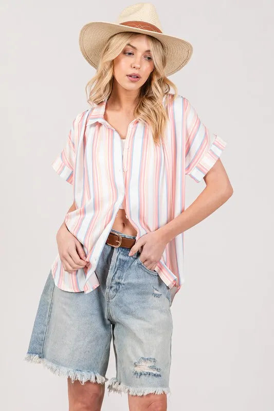 Multi Stripe Button Down Short Sleeve Oversized Shirt