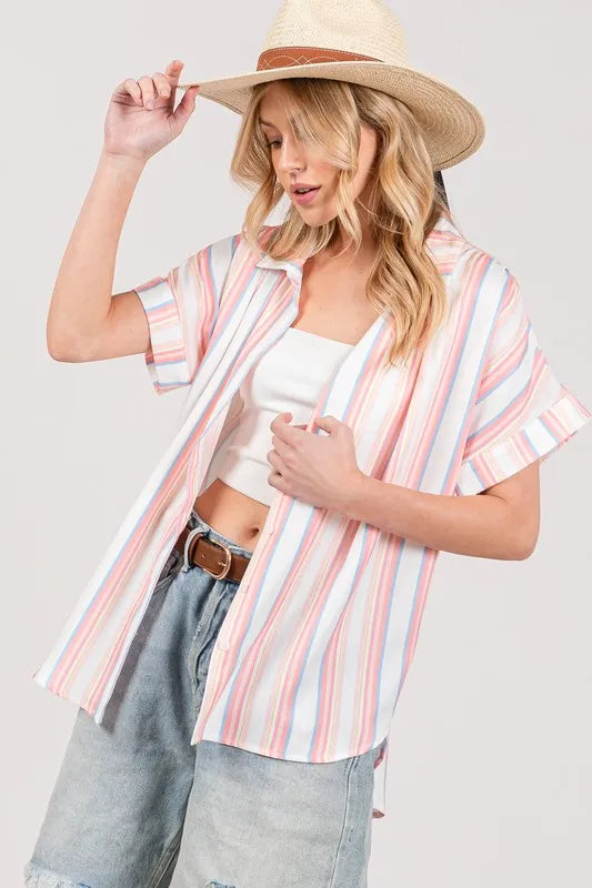 Multi Stripe Button Down Short Sleeve Oversized Shirt
