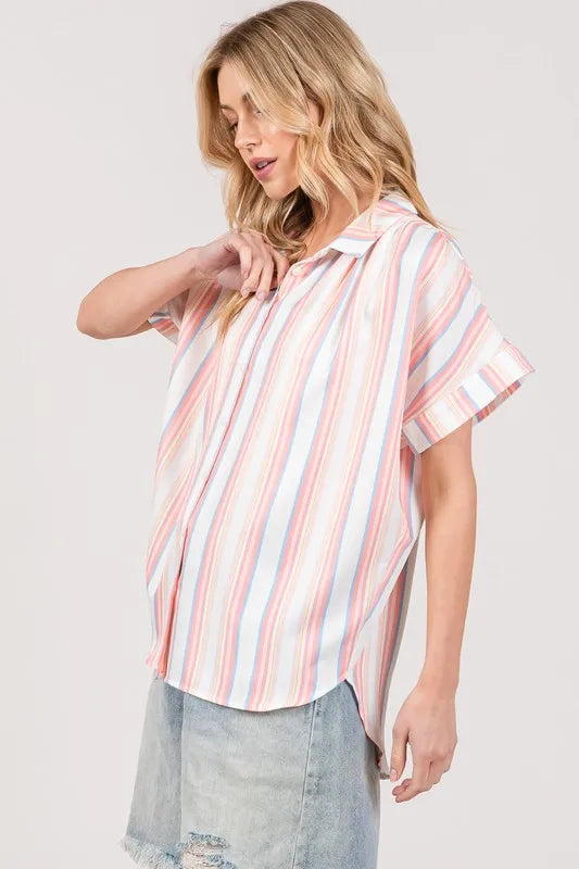 Multi Stripe Button Down Short Sleeve Oversized Shirt