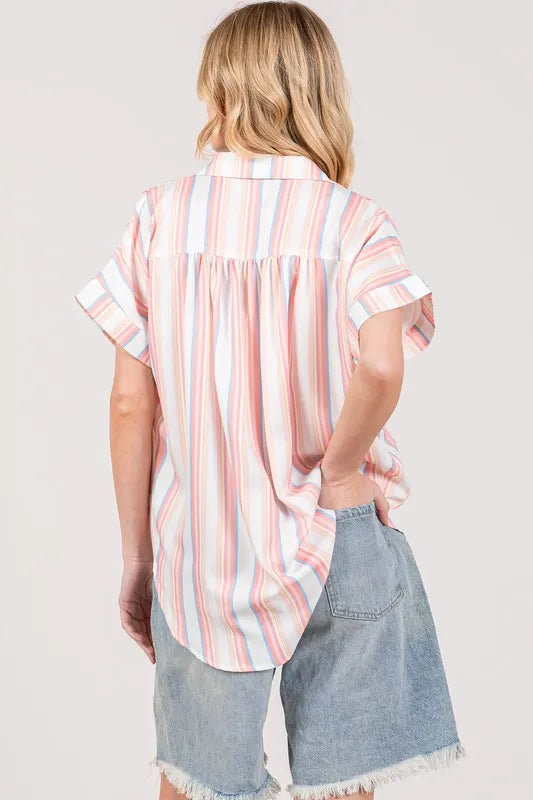 Multi Stripe Button Down Short Sleeve Oversized Shirt