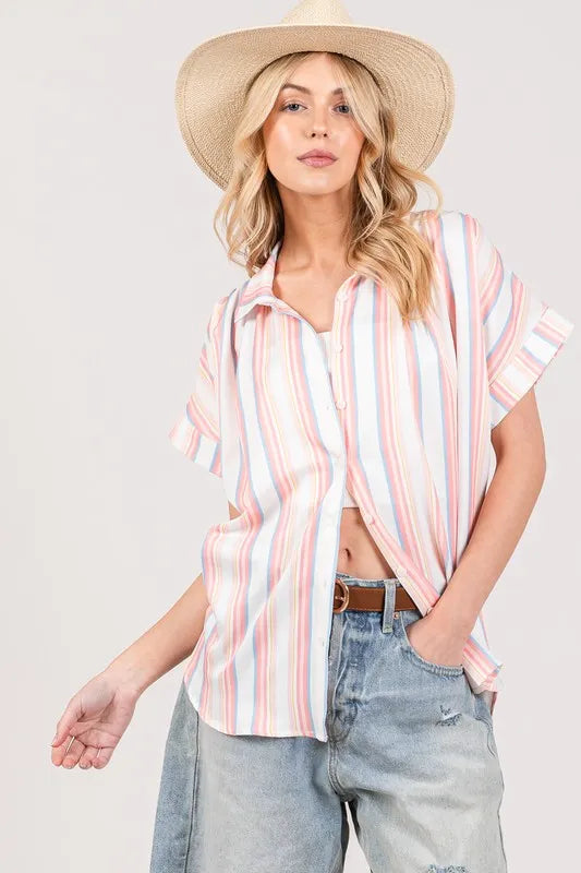 Multi Stripe Button Down Short Sleeve Oversized Shirt