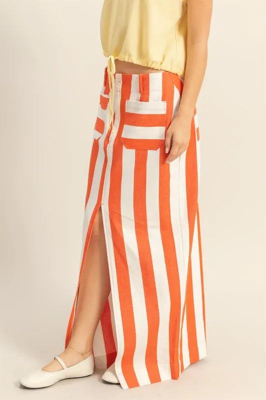 Orange Striped Pocket Detail Maxi Skirt