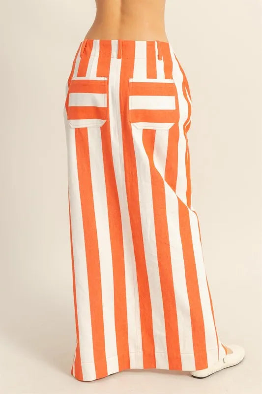 Orange Striped Pocket Detail Maxi Skirt