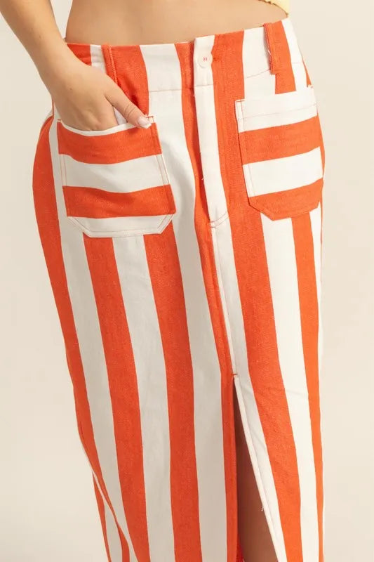 Orange Striped Pocket Detail Maxi Skirt