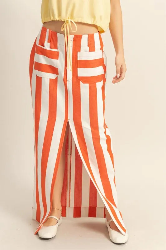 Orange Striped Pocket Detail Maxi Skirt