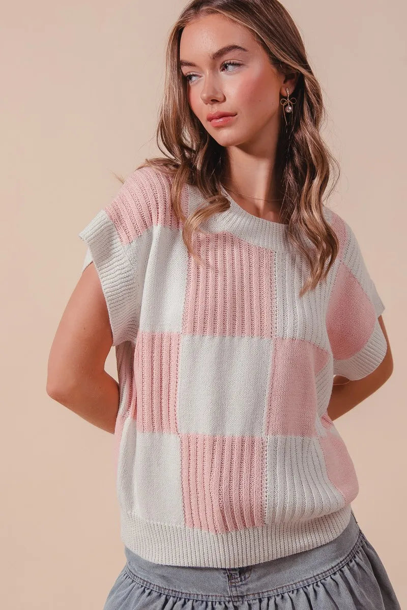 Pink Check Plaid Short Sleeve Sweater Top