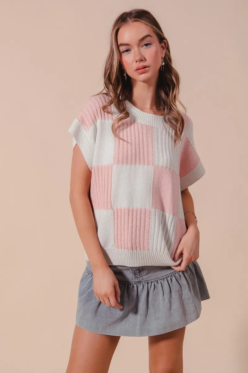Pink Check Plaid Short Sleeve Sweater Top