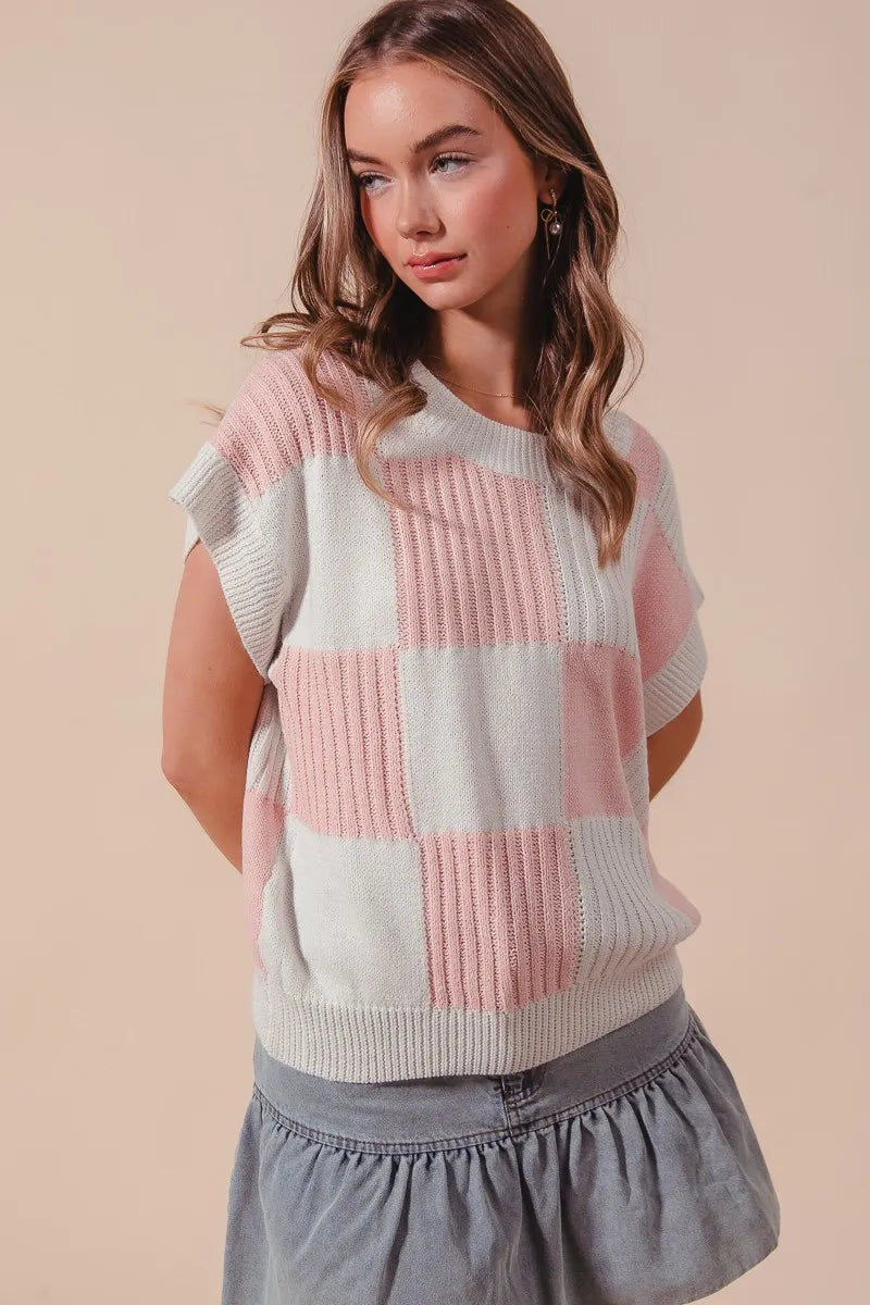 Pink Check Plaid Short Sleeve Sweater Top