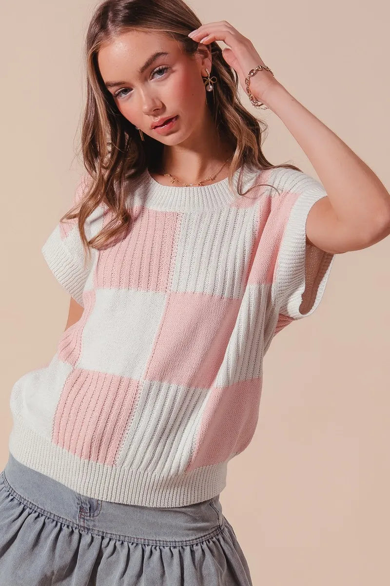 Pink Check Plaid Short Sleeve Sweater Top