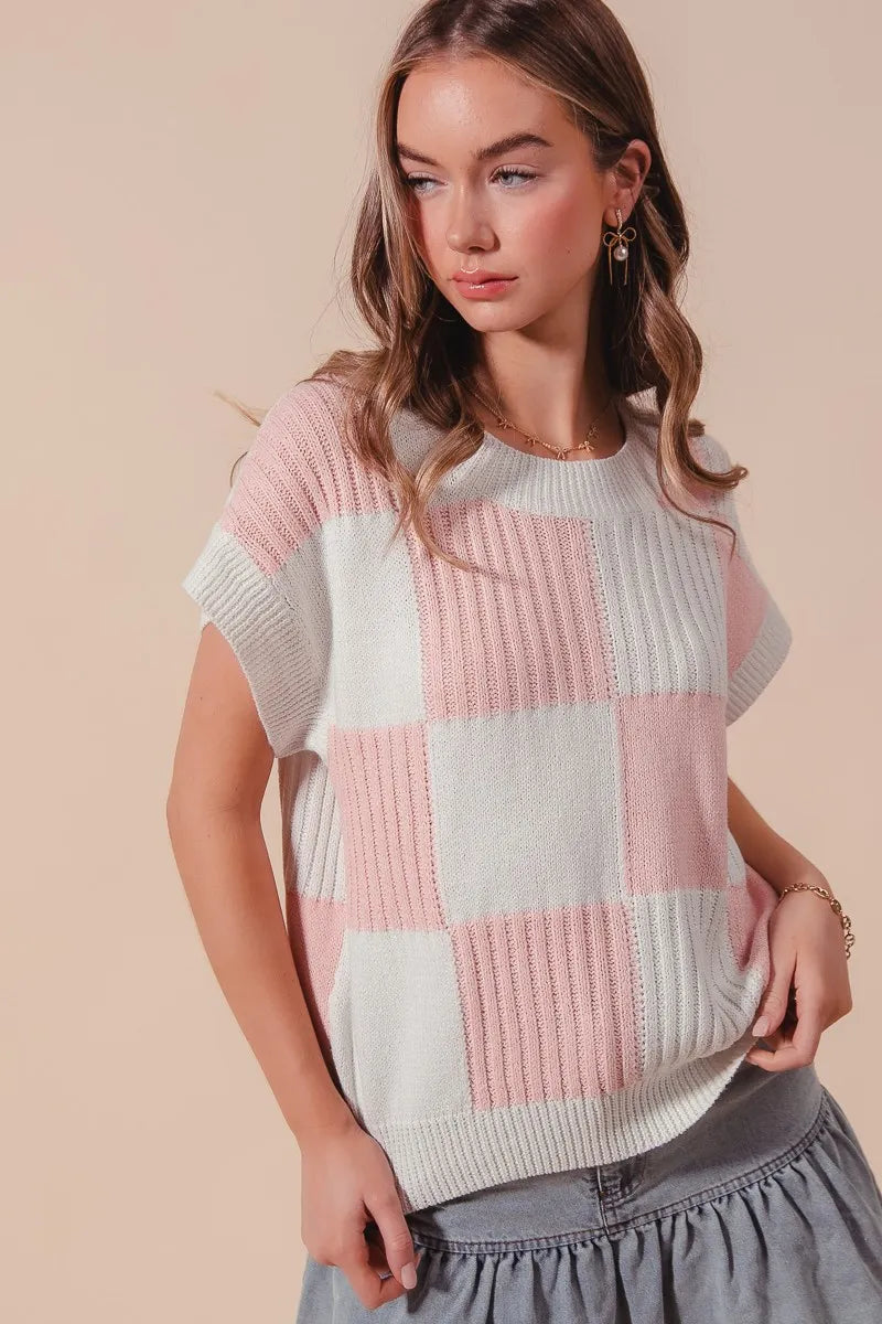 Pink Check Plaid Short Sleeve Sweater Top