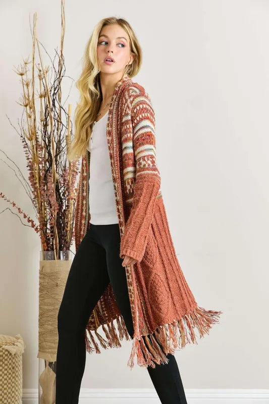 Rust Fringe Hem Aztec Cardigan