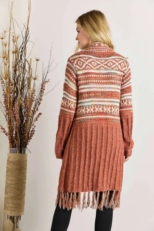 Rust Fringe Hem Aztec Cardigan