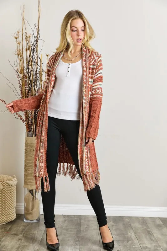 Rust Fringe Hem Aztec Cardigan