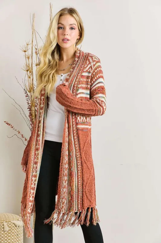 Rust Fringe Hem Aztec Cardigan