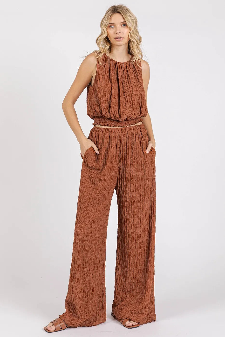 Textured Stretchy Crop Tank and Pants Set, Ginger