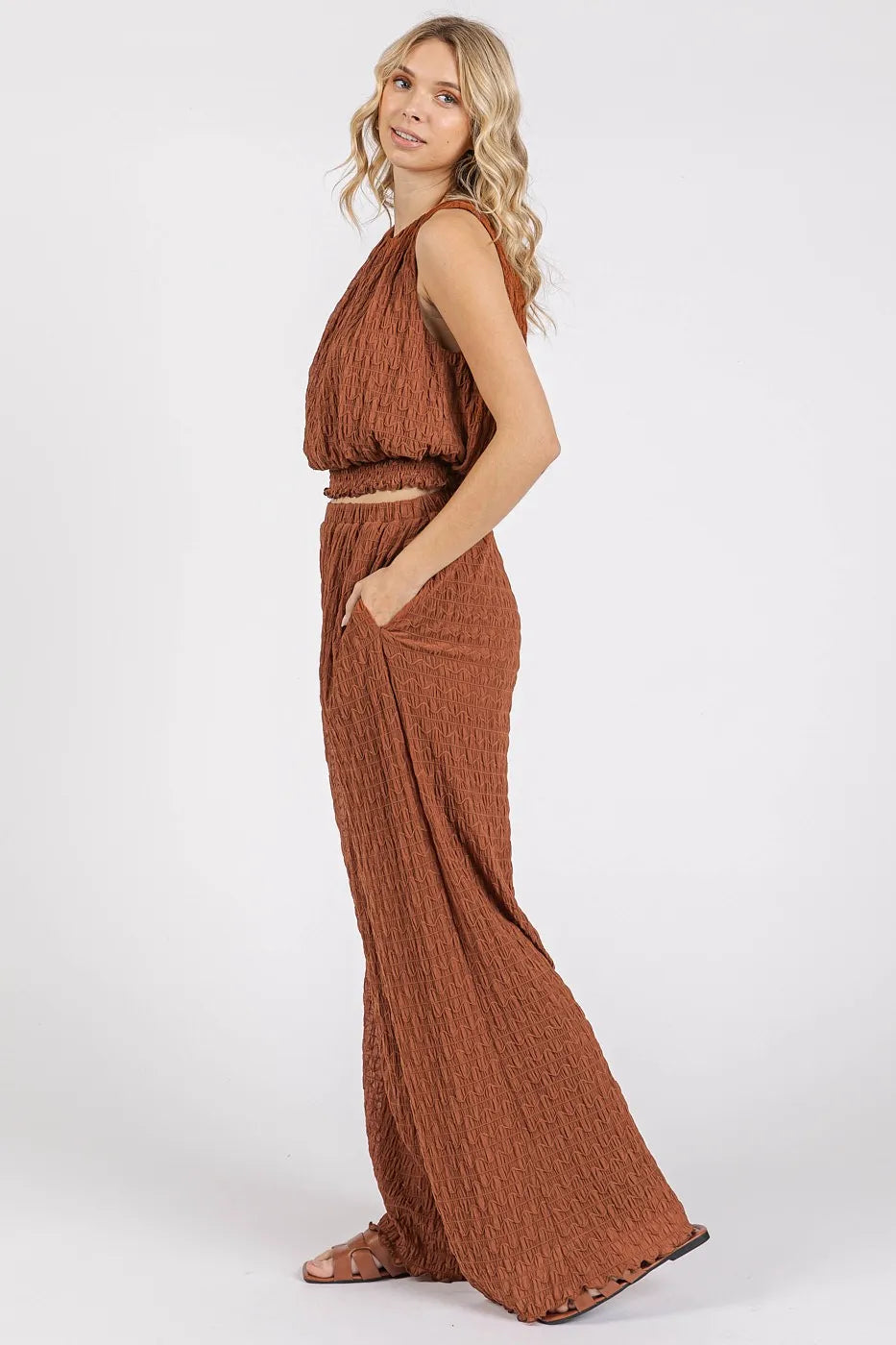 Textured Stretchy Crop Tank and Pants Set, Ginger