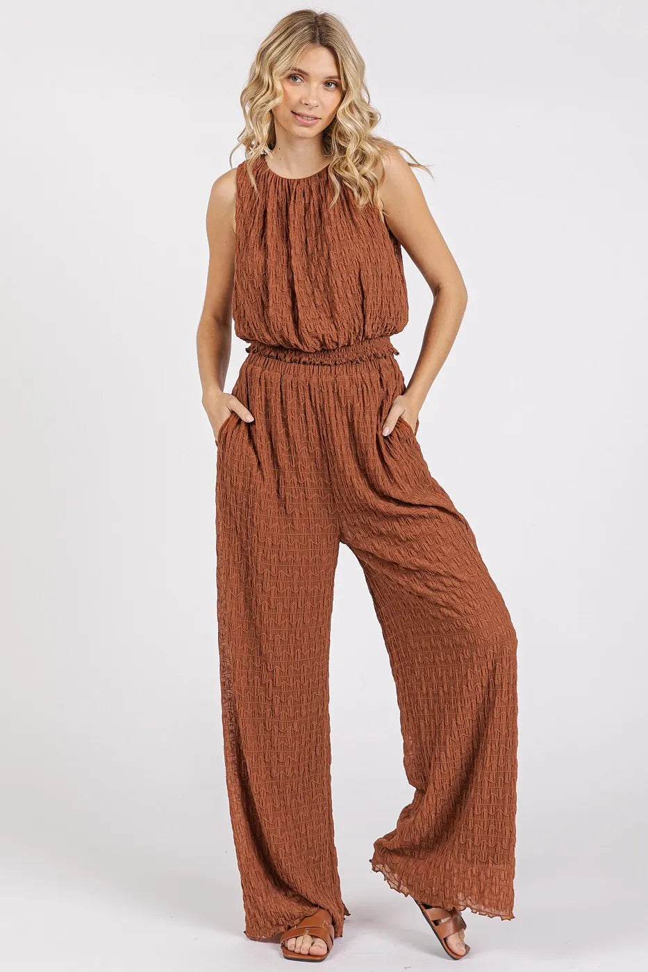 Textured Stretchy Crop Tank and Pants Set, Ginger